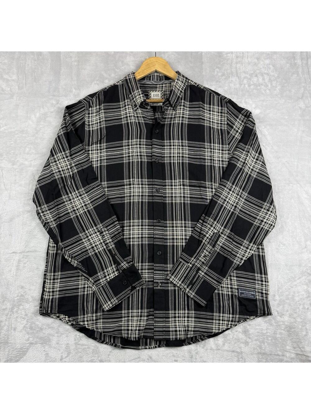 Scotch & Soda Plaid Button Up Shirt Black Beige Men XL Amsterdam Soft Preppy RLX - Picture 2 of 11